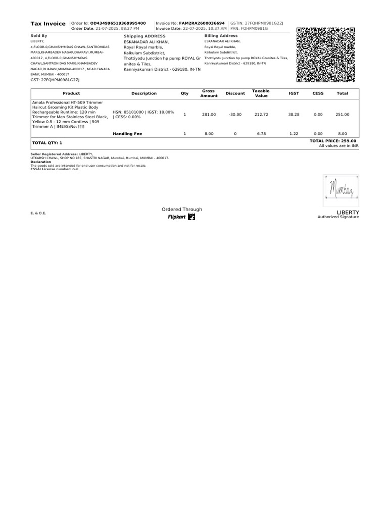 Tax Invoice for Order OD434996519369995400 | PDF | Economy Of India ...