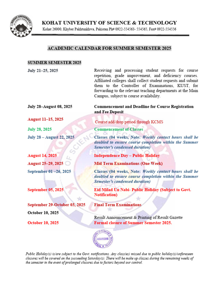 KUST Summer Semester 2025 Calendar | PDF | Academic Term | Educational ...
