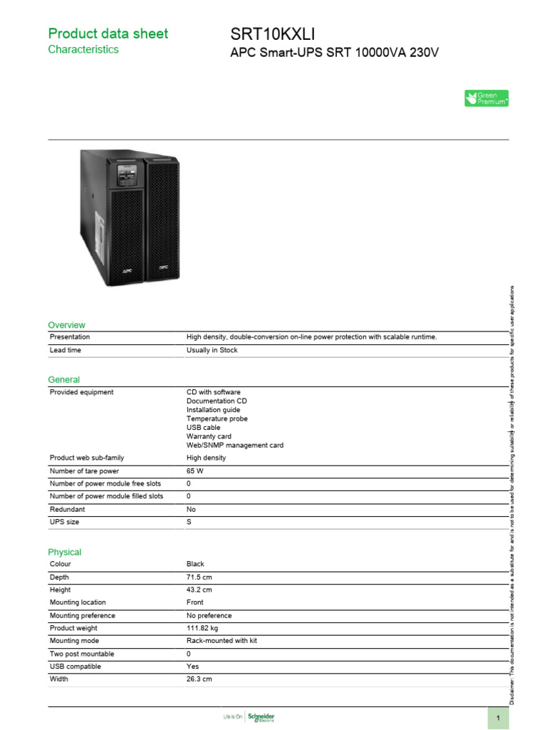 APC Smart-UPS SRT 10000VA Overview | PDF | Mains Electricity | Usb