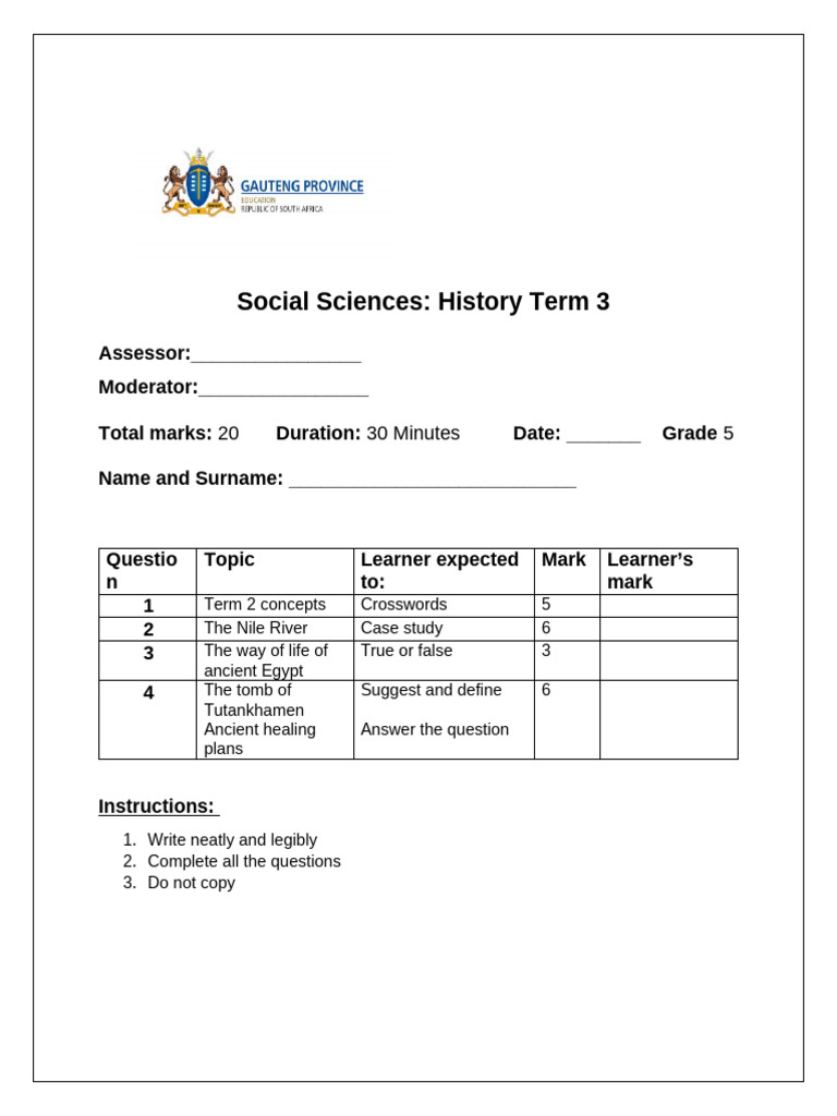 Grade 5 Term 3 History Test: Ancient Egypt | PDF | Ancient Egypt