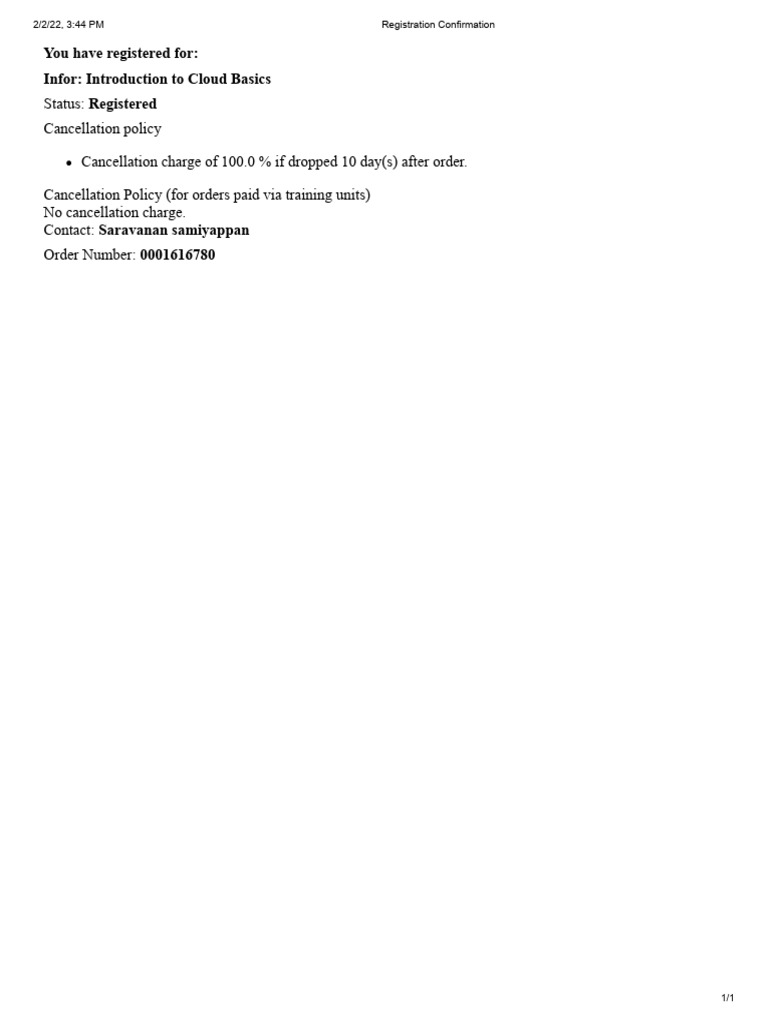 Registration Confirmation - Introduction To Cloud Basics | PDF