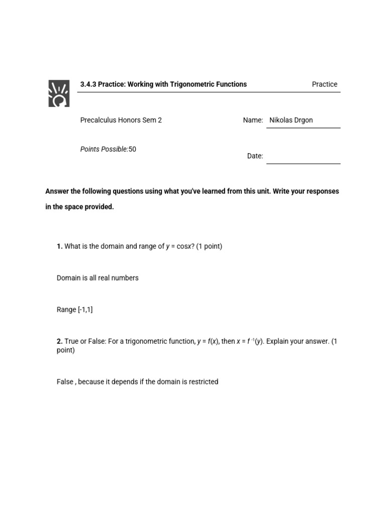 3.4.3 Practice - Working With Trigonometric Functions | PDF | Function ...