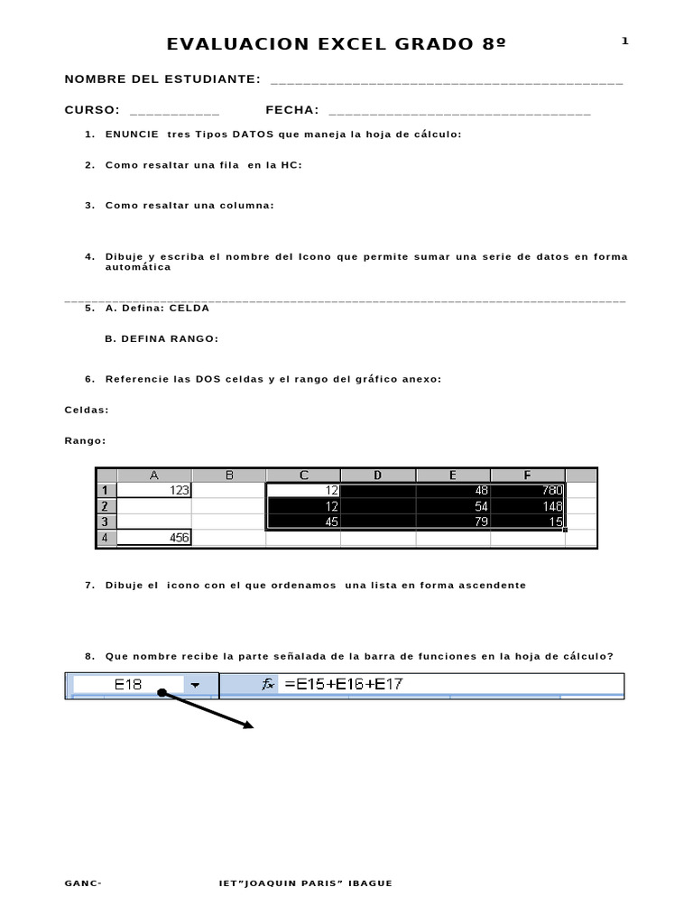Evaluación de Excel para 8º Grado | PDF