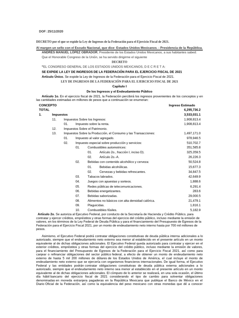 La Ley de Ingresos de La Federación para El Ejercicio Fiscal de 2021 ...