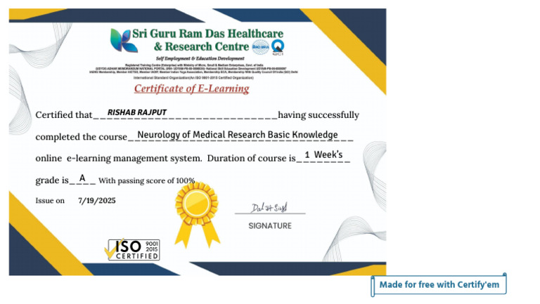 Certificate For RISHAB RAJPUT For - Neurology of Medical Research | PDF