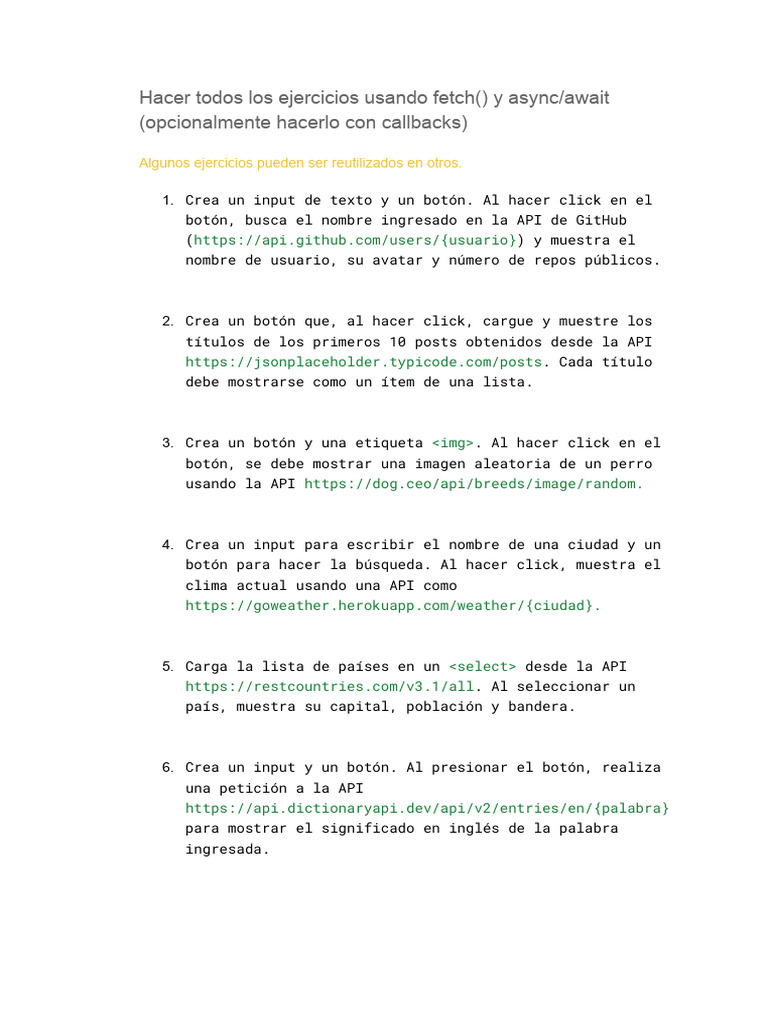 Ejercicios de Fetch y APIs en JavaScript | PDF | Informática ...