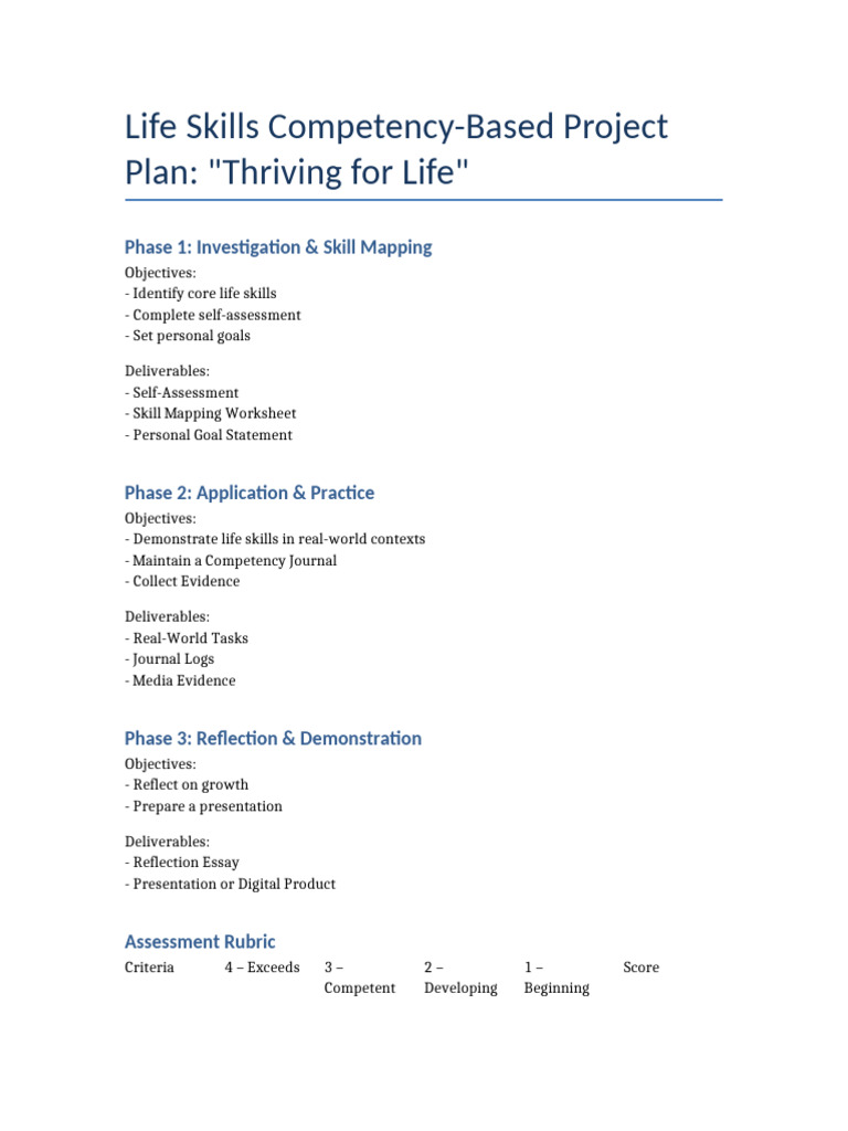 Life Skills Project Plan: Thriving for Life | PDF
