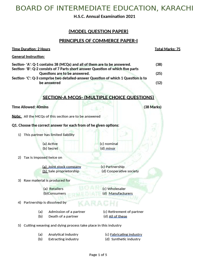 HSC 2021 Principles of Commerce Model Paper | PDF