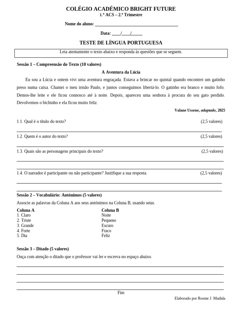 Teste de Língua Portuguesa - 1.º ACS | PDF