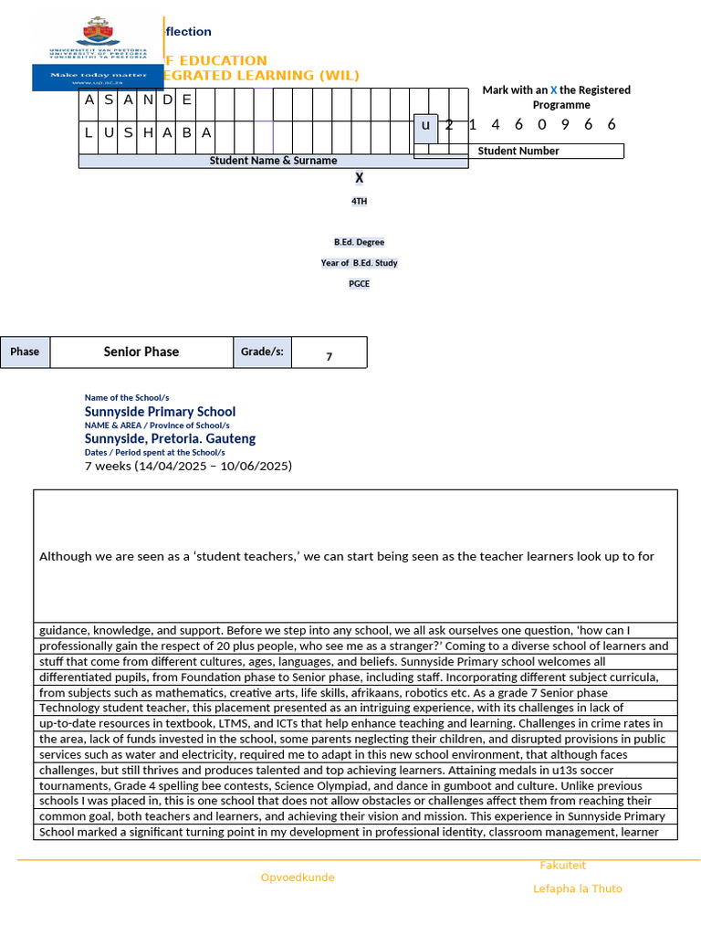 Professional Reflection Template | PDF | Learning | Teachers