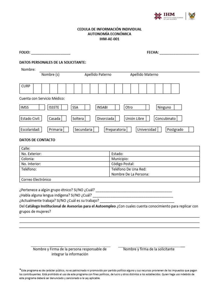 Cédula de Información Individual para Autoempleo | PDF