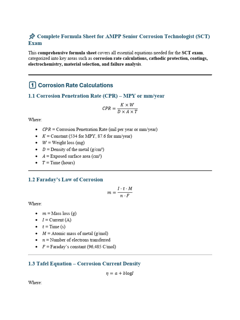 AMPP SCT Exam Formula Guide | PDF | Corrosion | Anode