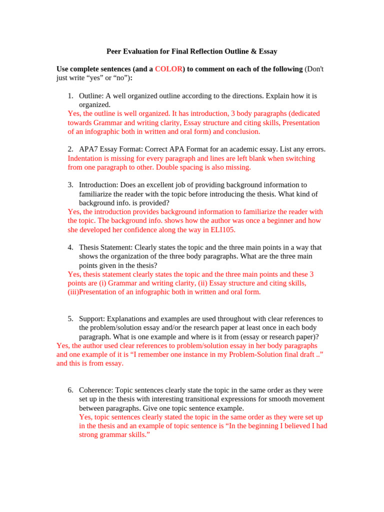Peer Evaluation For Final Reflection Essay Outline 3 | PDF | Essays ...