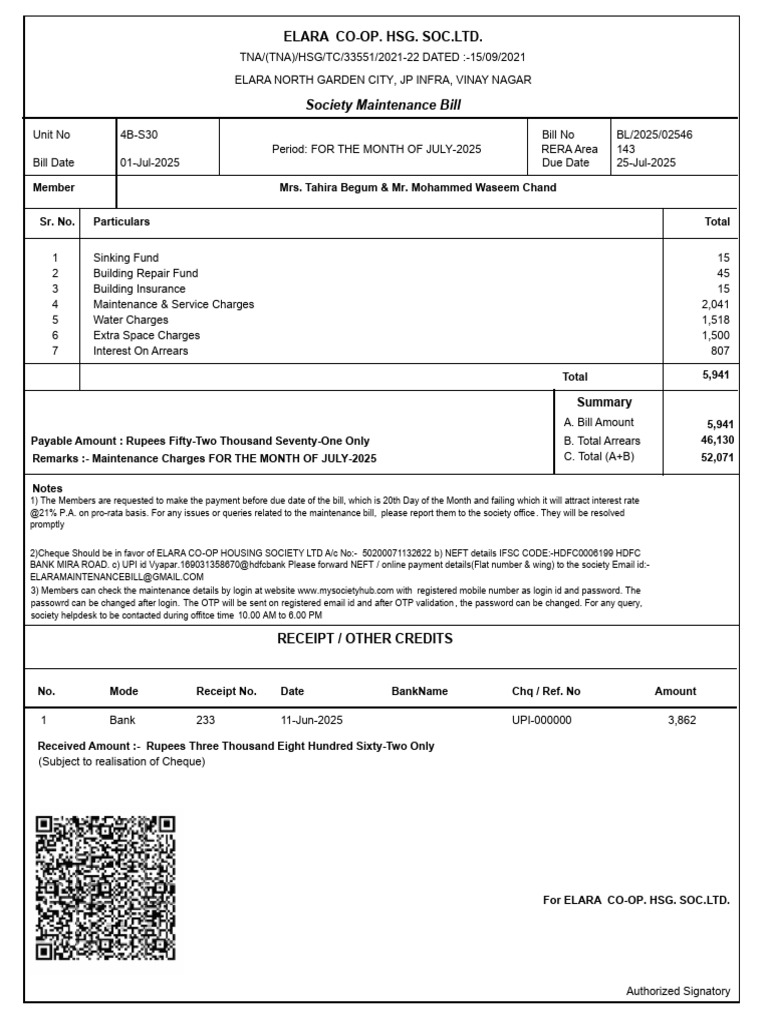 Elara Housing Society Maintenance Bill | PDF | Applications Of ...