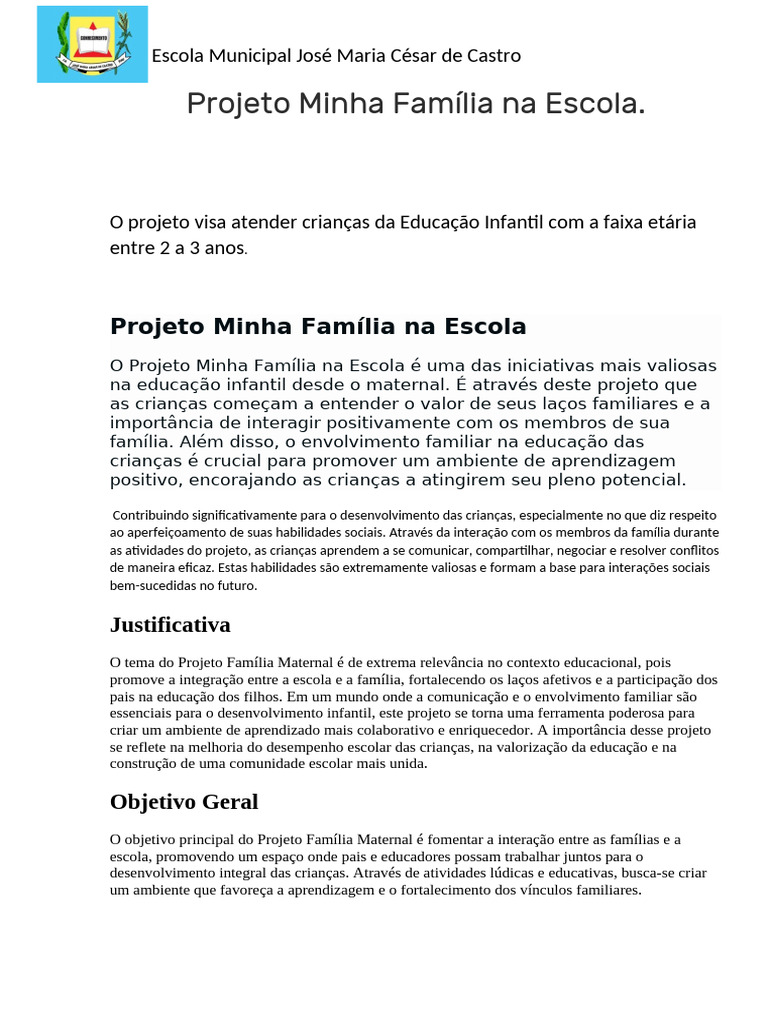 Projeto Família na Escola: Educação Infantil | PDF | Família | Educação ...