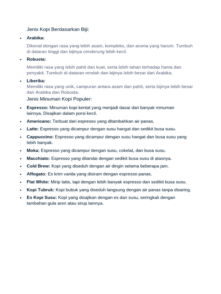 Jenis Kopi dan Minuman Populer | PDF