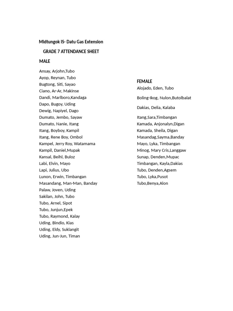 Grade 7 Attendance Sheet | PDF