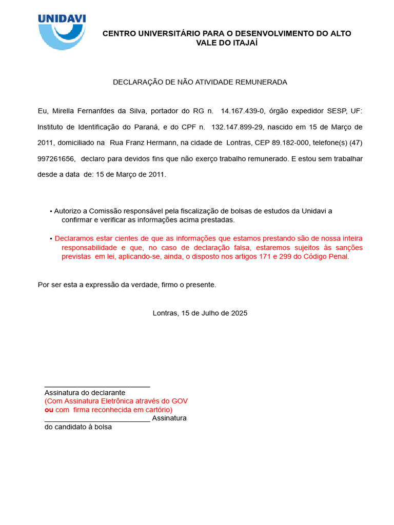 Declaração de Não Atividade Remunerada | PDF