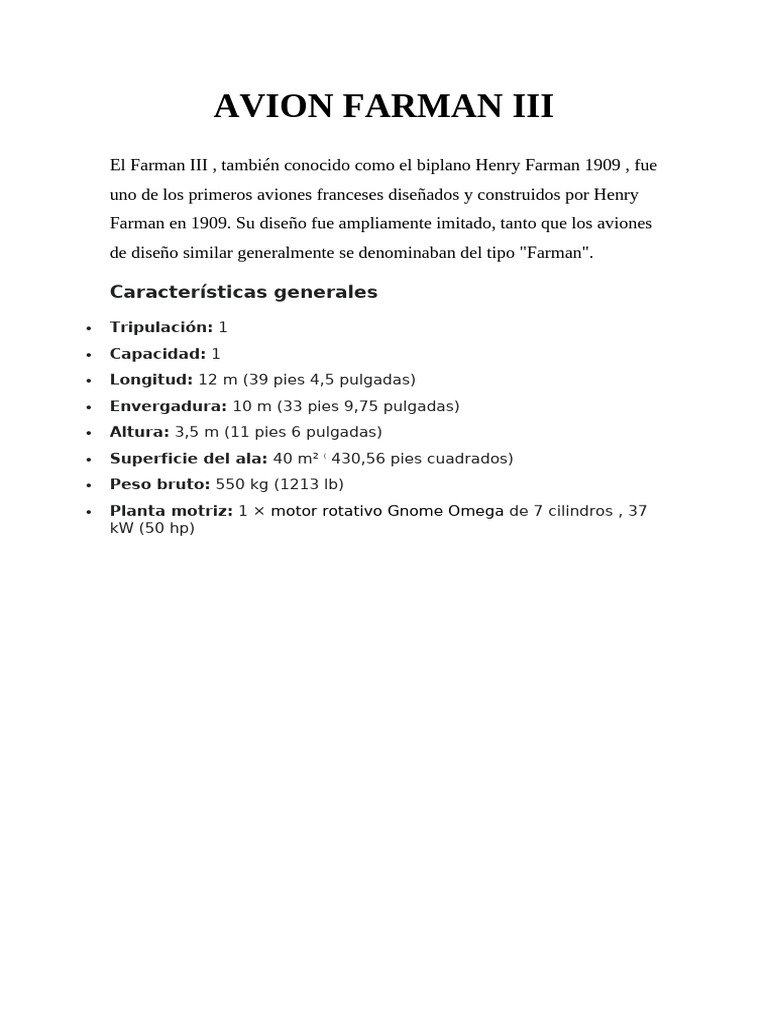 Avión Farman III: Diseño y características | PDF