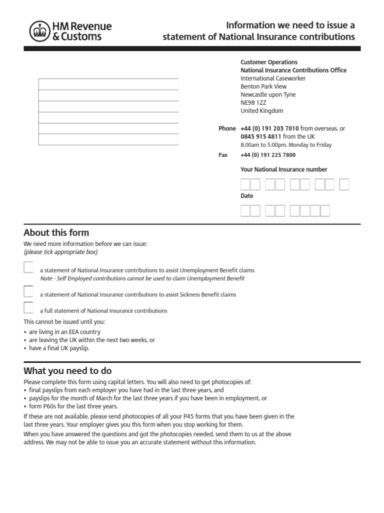 CA3916 National Insurance Statement Form | PDF | Employment | Welfare State