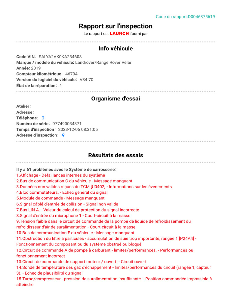 Rapport d'inspection Range Rover Velar | PDF | Turbocompresseur ...
