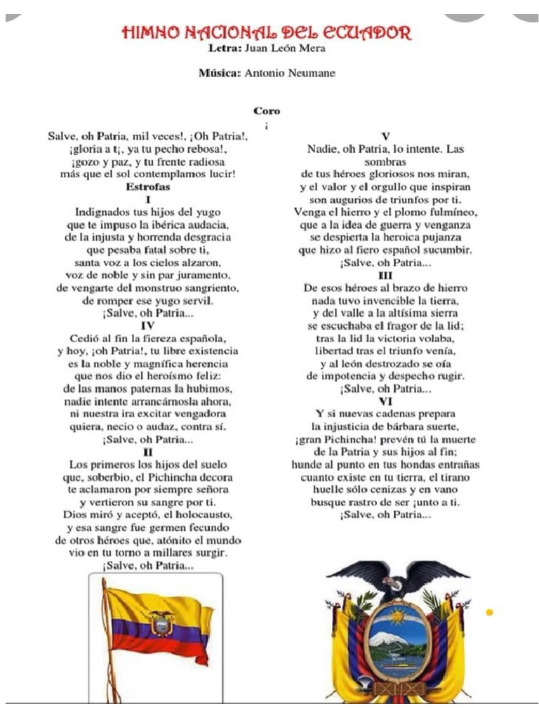 Himno Nacional Del Ecuador (Con Estrofas Completas) | PDF