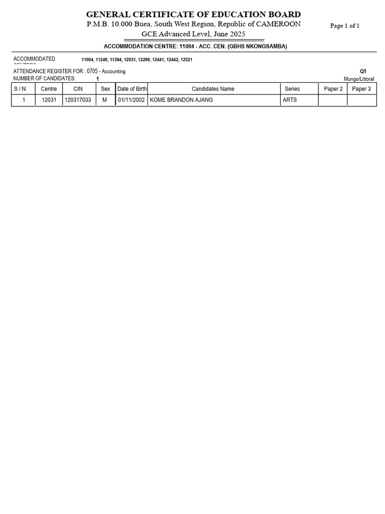 GCE A-Level Attendance Register 2025 | PDF | Educational Stages ...
