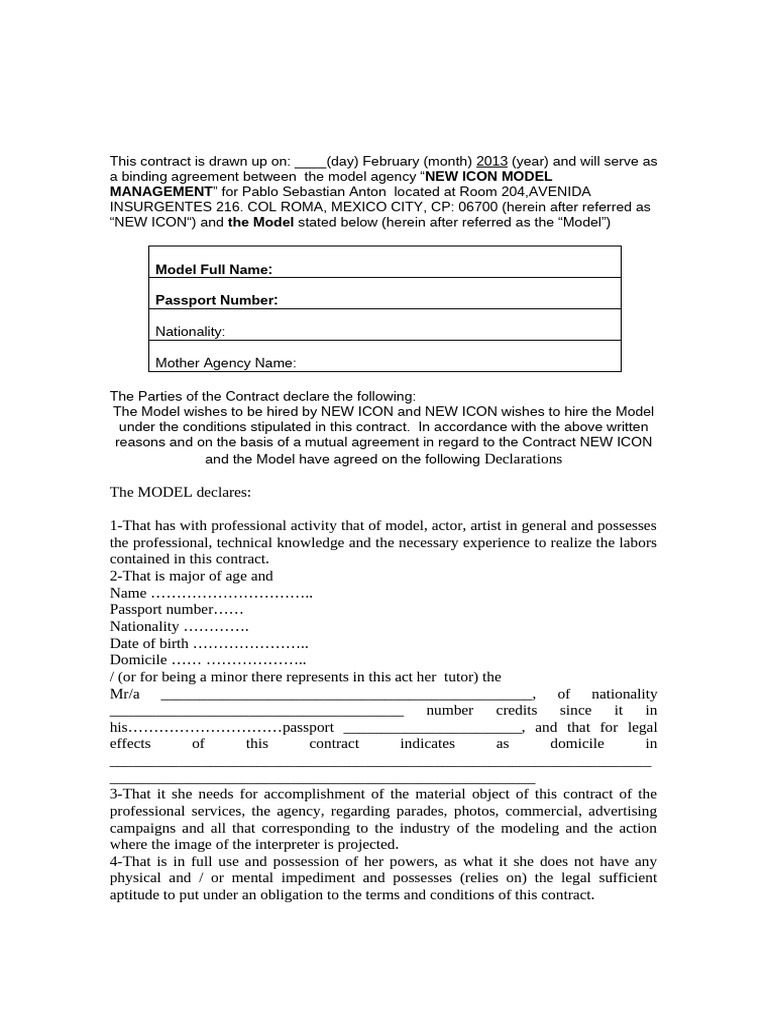 Model Agency Contract Template | PDF