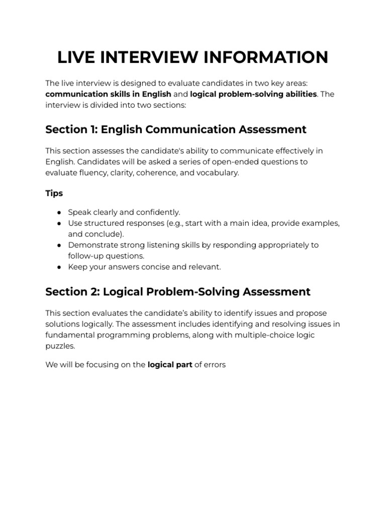 Live Interview Information: Section 1: English Communication Assessment ...