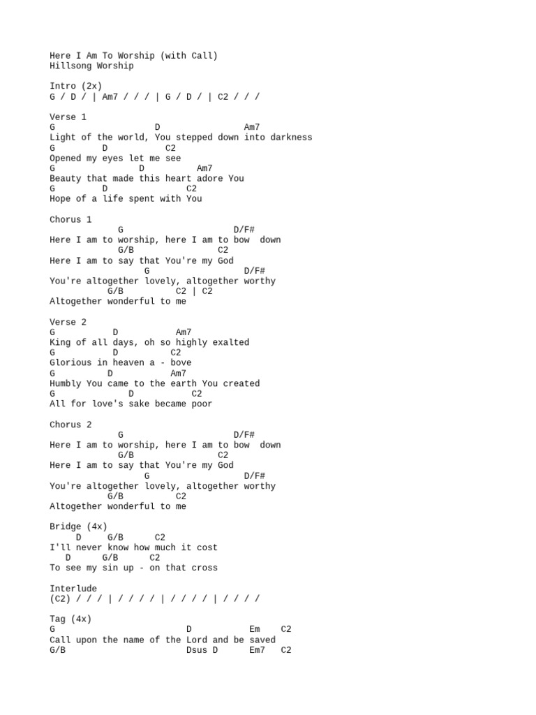 Here I Am To Worship Chords & Lyrics | PDF