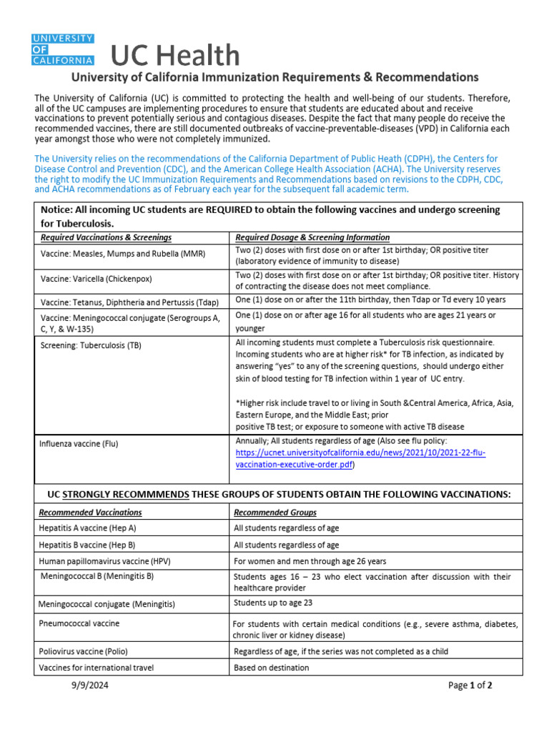 UC Immunization Requirements Overview | PDF | Vaccines | Meningitis