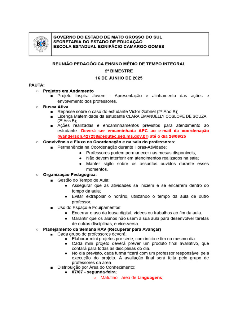 Pauta Reunião Pedagógica 2025 | PDF