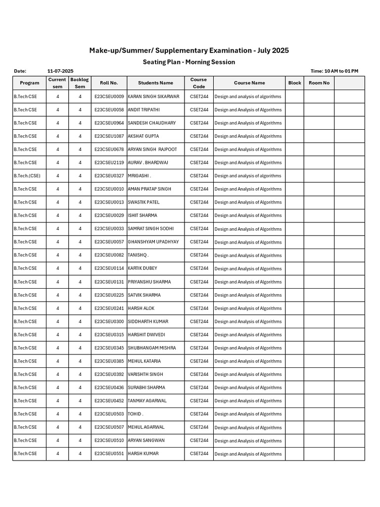B.Tech CSE Design Exam Seating Plan | PDF