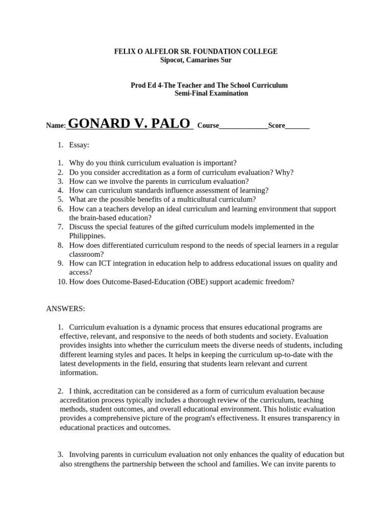 .Palo - Prof Ed 4 Semi-Final '22 | PDF | Curriculum | Educational ...