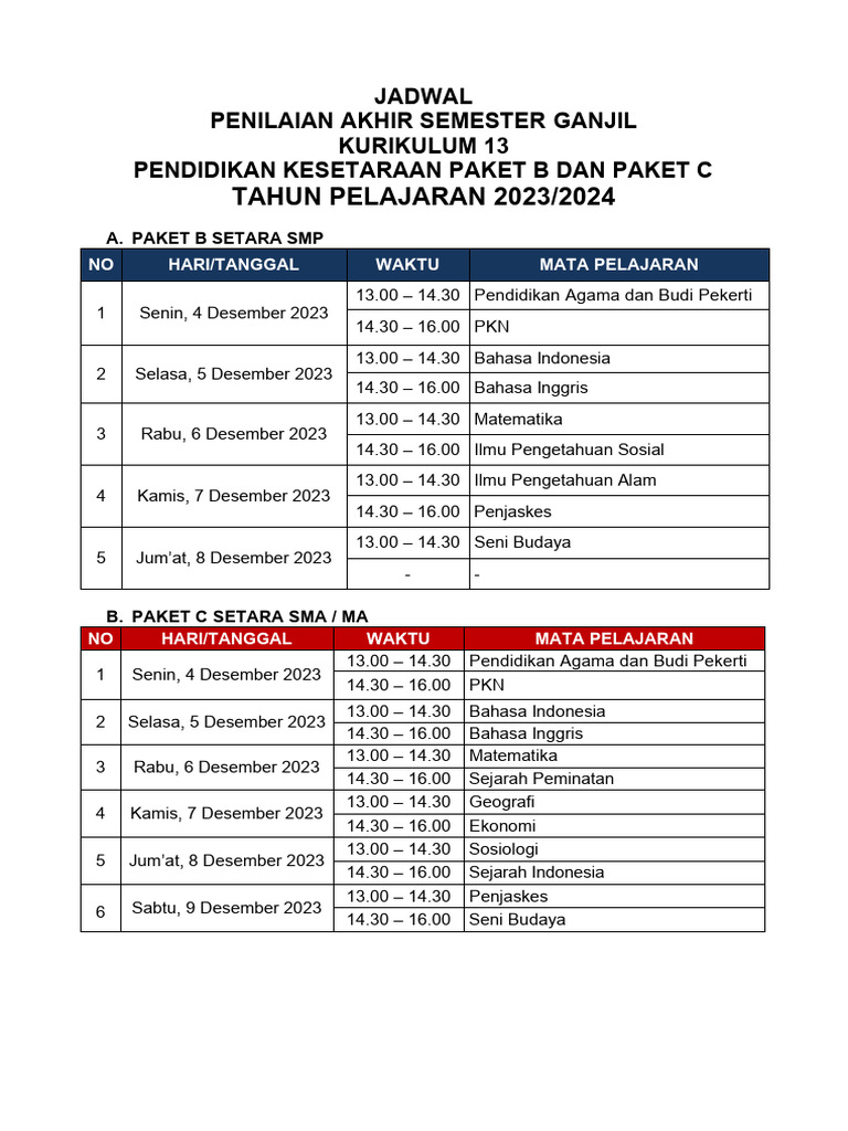 Jadwal PAS 2023 Paket B dan C | PDF