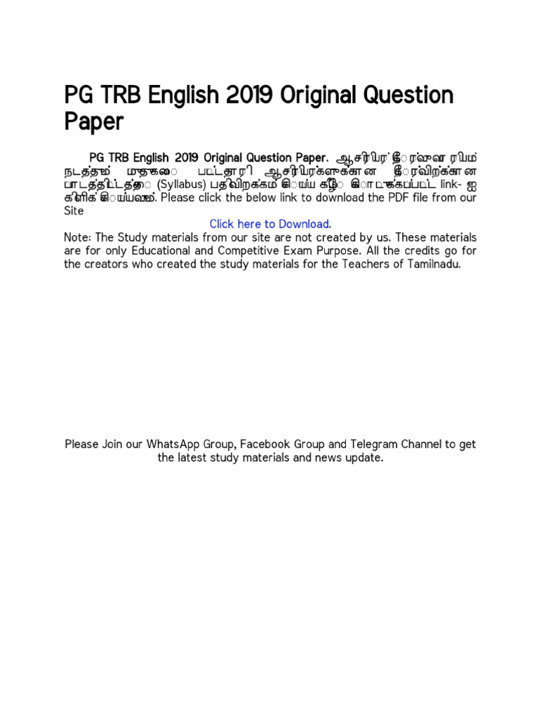 PG TRB English 2019 Original Question Paper | PDF