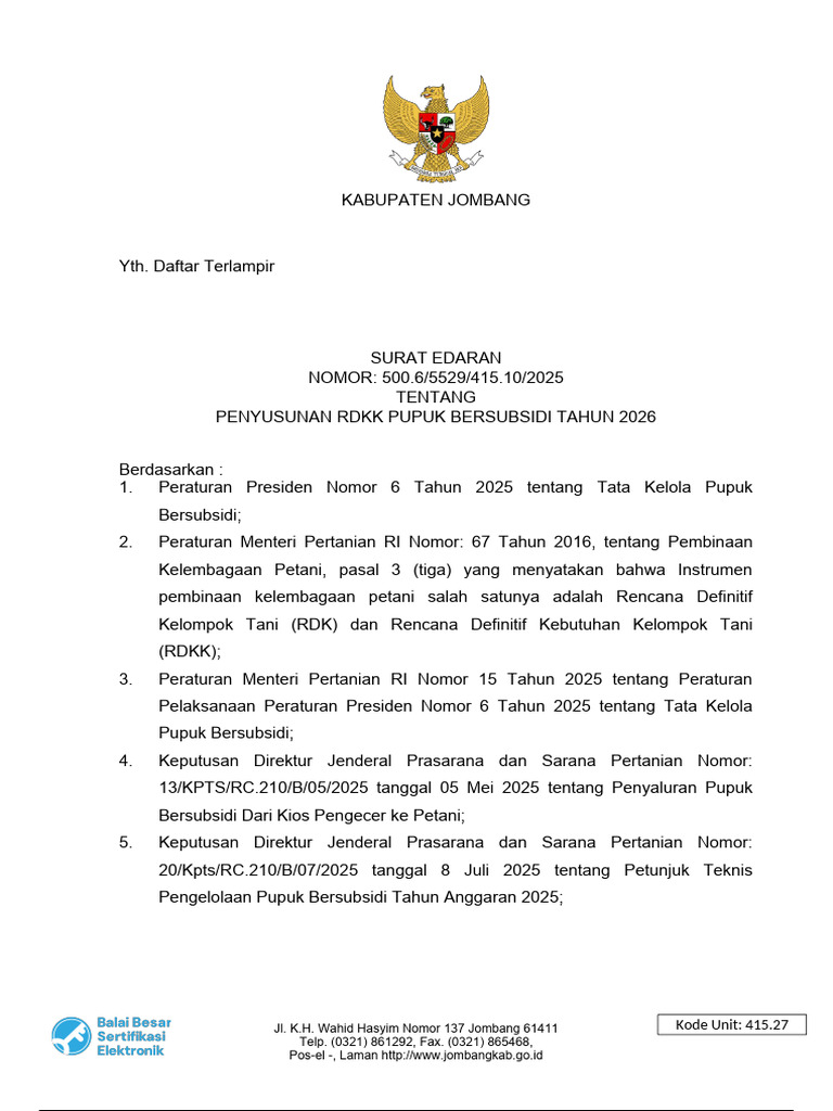 RDKK Pupuk Bersubsidi 2026 Jombang | PDF