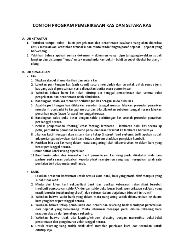 Contoh Program Pemeriksaan Kas Dan Setara Kas
