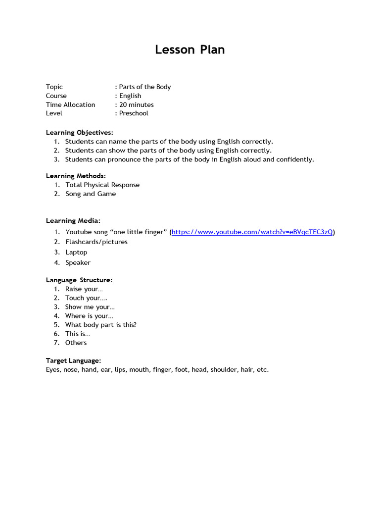 Body Parts Lesson Plan for Preschool | PDF | Human Communication | Learning