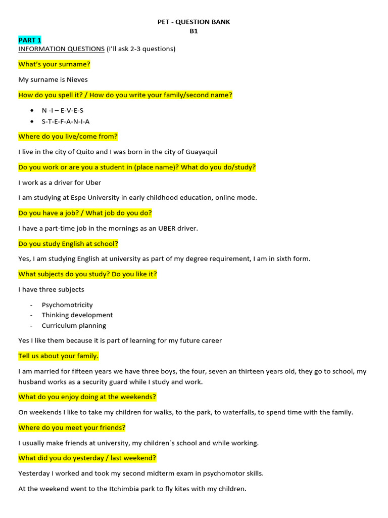PET Speaking Practice Question Bank | PDF