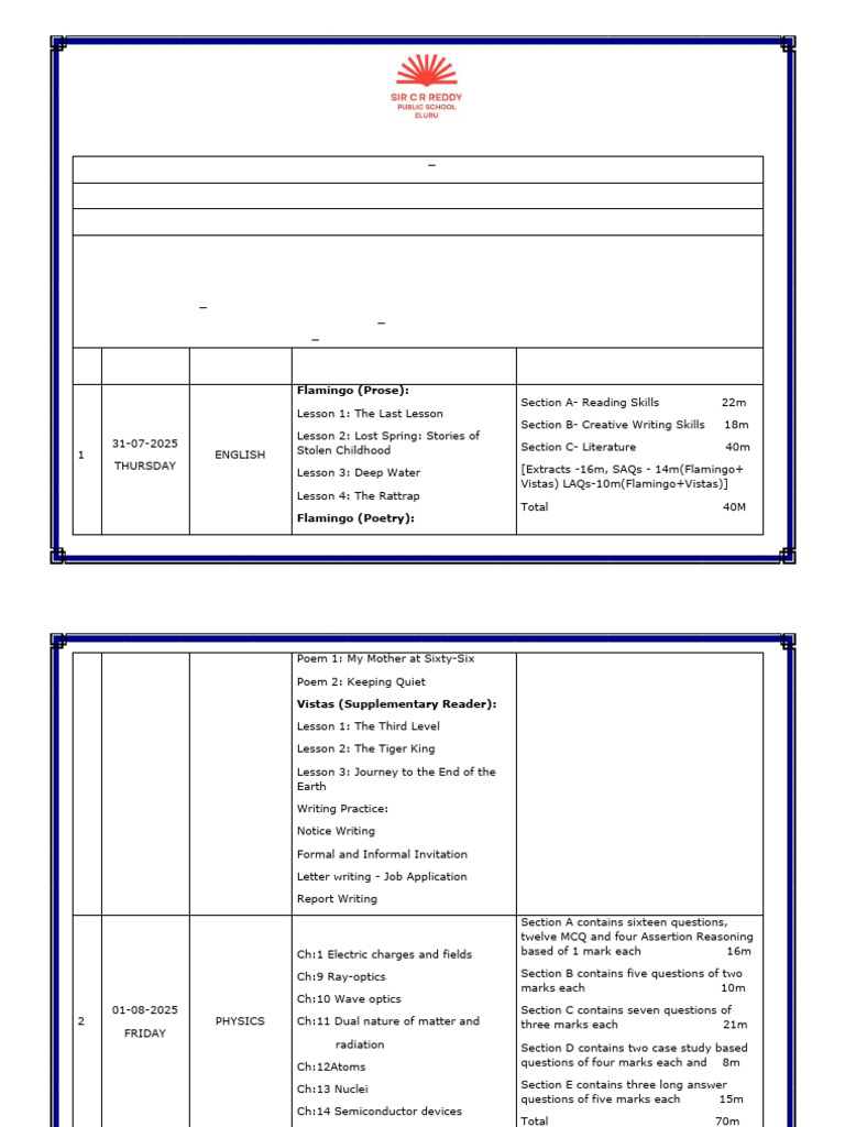 Class 12 Term 1 Exam Schedule 2025 | PDF
