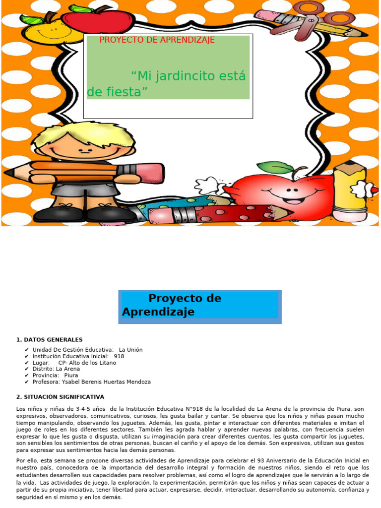 Proyecto de Aprendizaje en Educación Inicial | PDF | Educación de la ...
