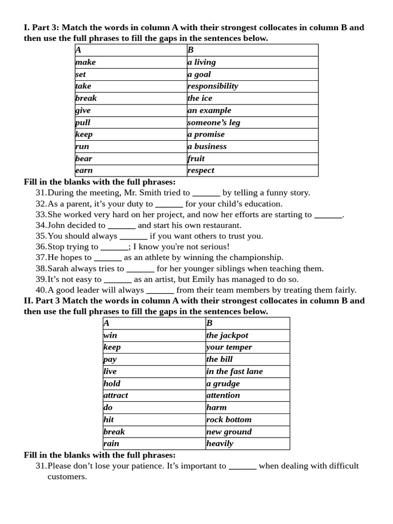 Collocations and Sentence Completion Exercises | PDF | Idiom