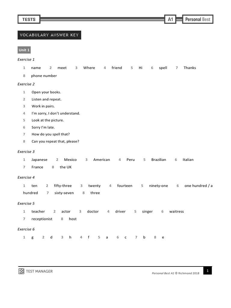 Personal Best A1 Vocabulary Tests Answer Key | PDF