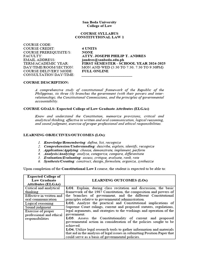 Constitutional Law 1 Syllabus Overview | PDF | Supreme Court Of The ...