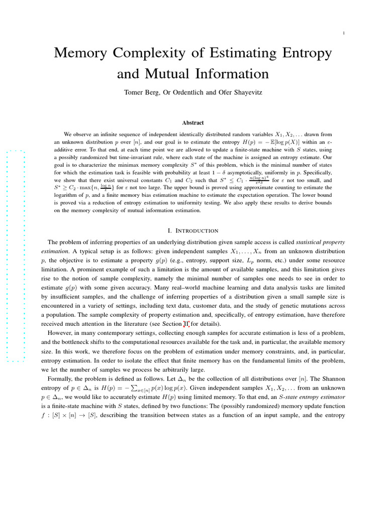 Memory Complexity in Entropy Estimation | PDF | Computational ...
