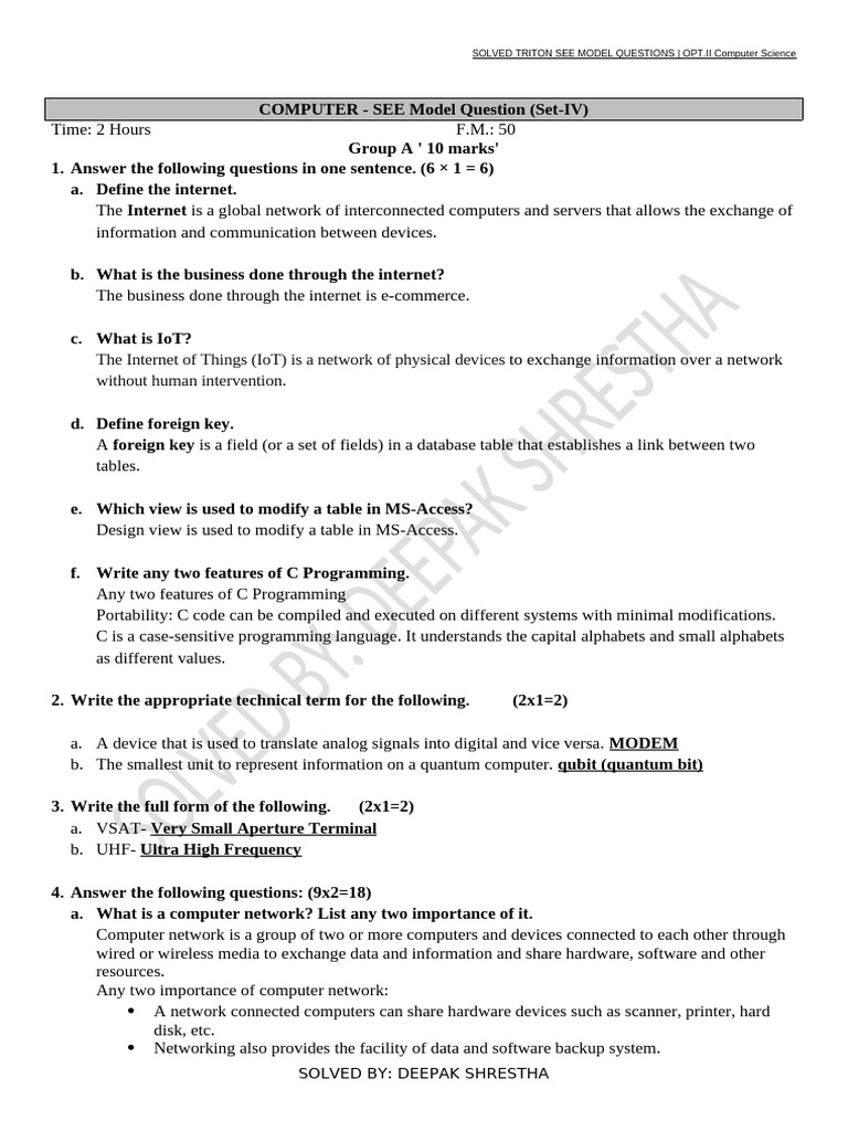 Triton SEE Model Questions: CS Solutions | PDF | Databases | Computer ...