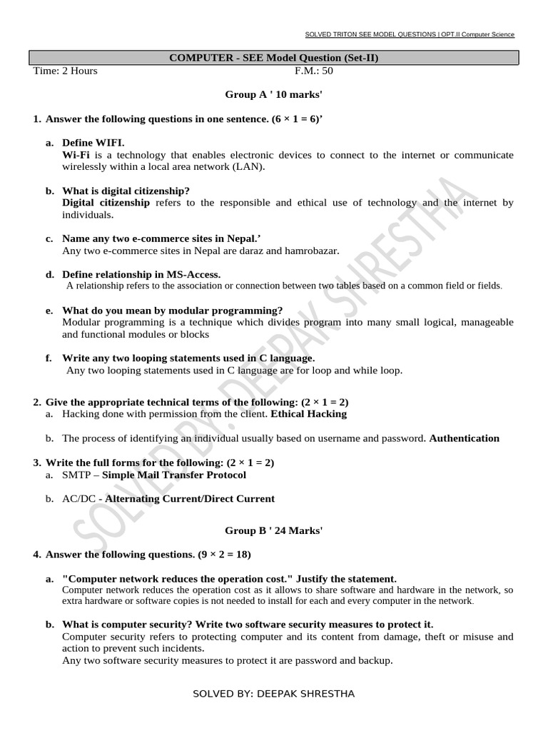 Triton SEE Model Questions: Computer Science | PDF | Table (Database ...