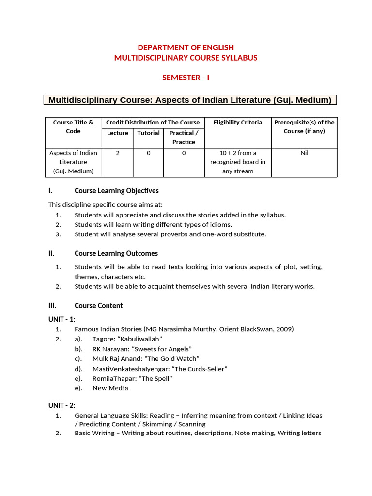 MDC English Syllabus Semester 1 | PDF