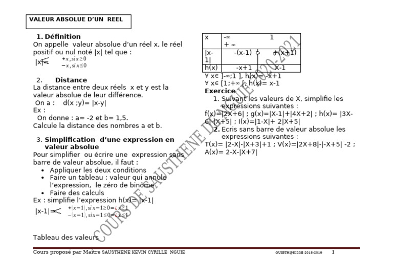Valeur Absolue d'un Réel Cours et Exemples PDF — free download